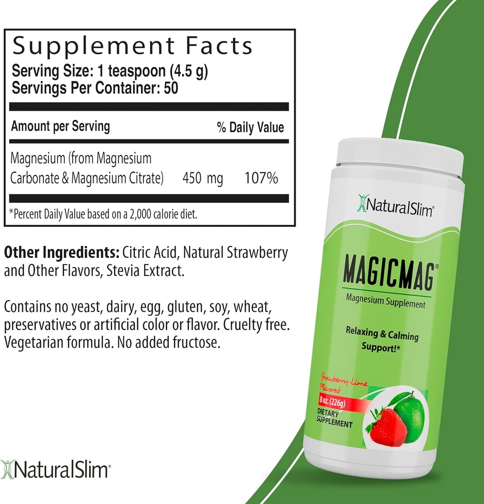 NaturalSlim Magicmag Pure Magnesium Citrate Powder – Estrés, estreñimiento, músculo y apoyo al corazón ← Natural Strawberry & Lime Flavored Magnesium Supplement - 8oz Drink Mix (3 Pack)