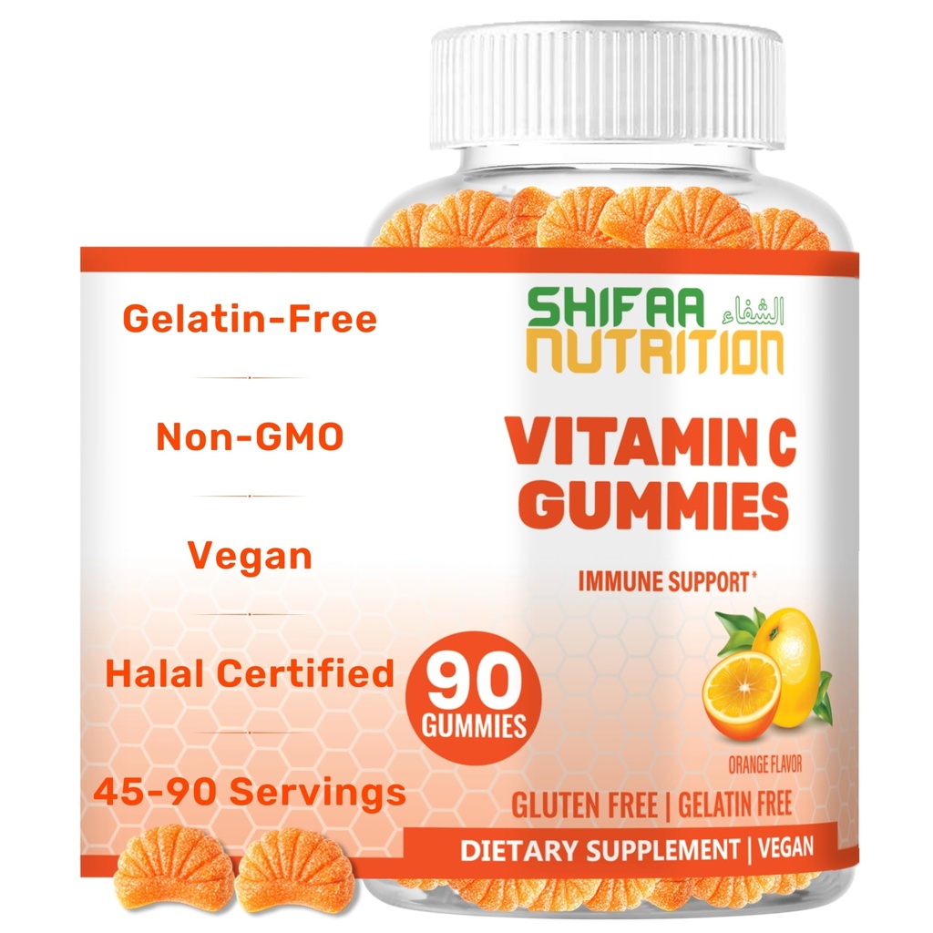 SHIFAA NUTRITION Vegan Vitamin C Gummies TEN 90 Gummies, 250mg 45 Serviciones ← No-GMO TEN Gluten-Free, Gelatin-Free TEN Immune Support Gummies &amp; Seasonal Support for Kids &amp; Adults Halal Vitamins