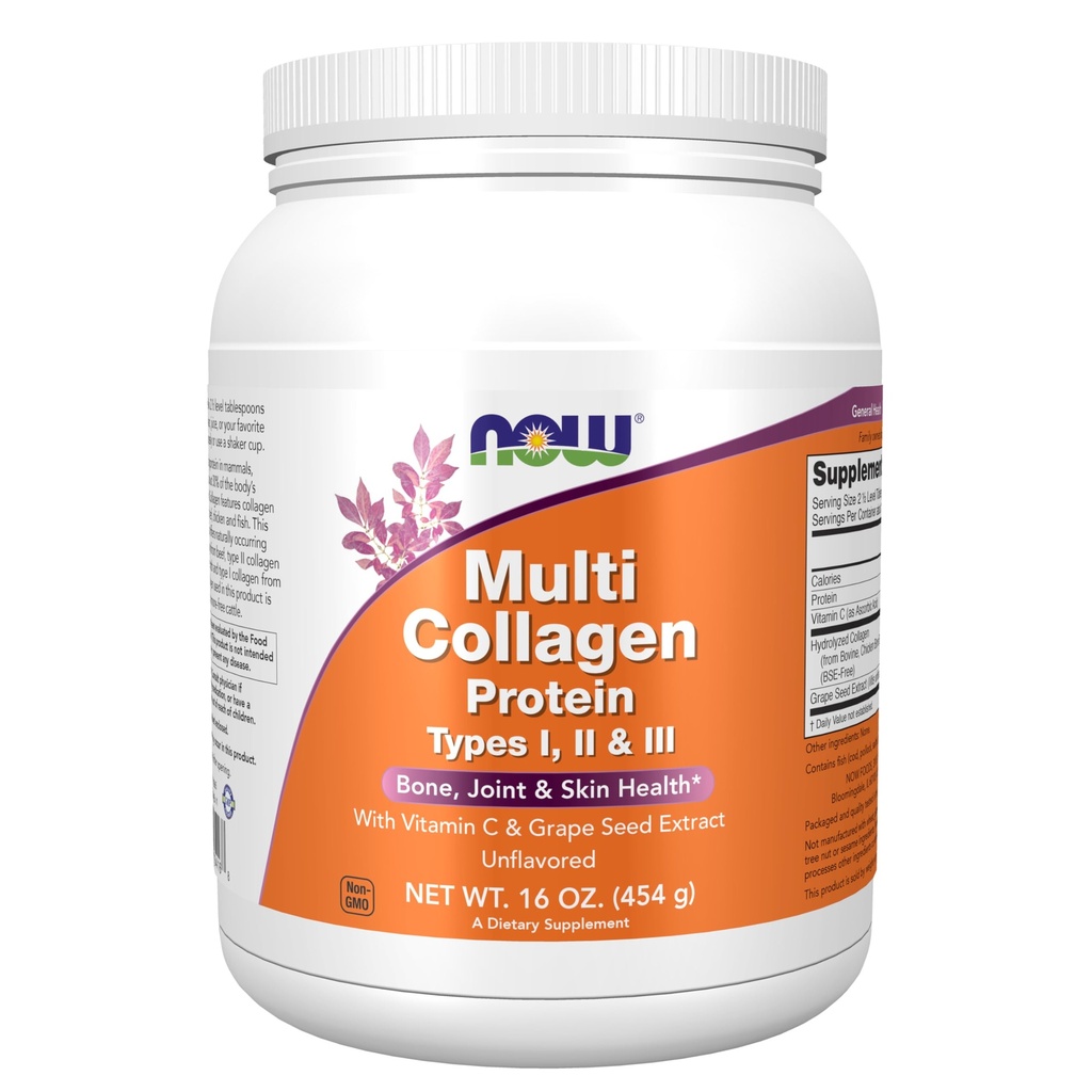 Ahora Suplementos de Alimentos, Proteína Multi Collagen Tipos I, II & III Polvo, Hueso, Junta y Salud de la Esquí, 16 oz (454 g)
