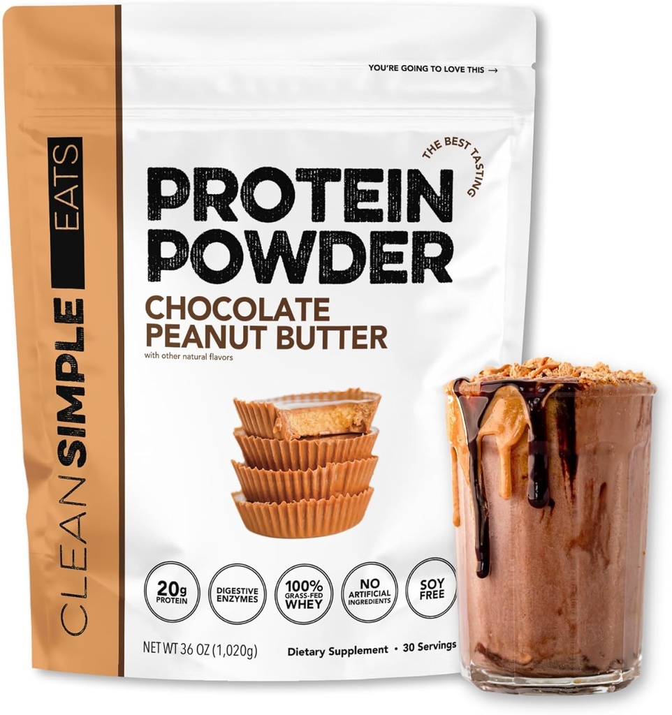 Comidas simples limpias Polvo de proteína picante, mantequilla de maní de chocolate sabor naturalmente endulzado, 100% polvo de proteína de grano con enzimas digestivas " sin ingredientes artificiales, sin gluten, 30 servidos