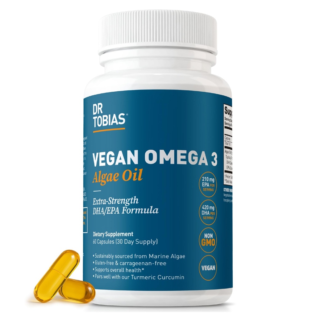 Dr. Tobias Vegan Omega 3 Suplemento, 1400 mg Algae Oil, 420mg DHA, y 210mg EPA por Serving, Non-GMO, Gluten-Free, Carrageenan-Free, 60 cápsulas, 30 servicios