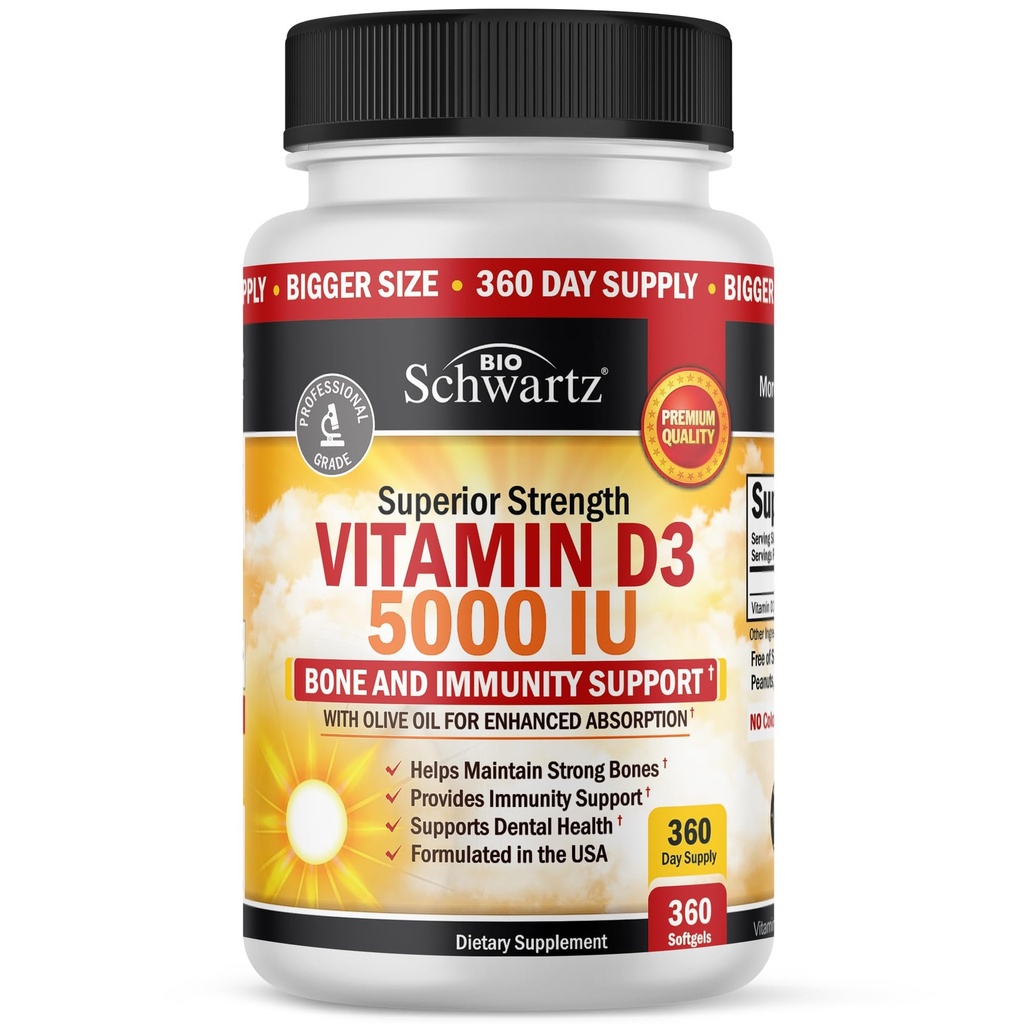 Vitamina D3 5000 UI (125 mcg) Suplemento de soporte natural de inmuno, fuerza ósea, función muscular saludable, con aceite de oliva para la absorción más alta, libre de gluten " no OMG, 1 año de suministro, 360 Softgels