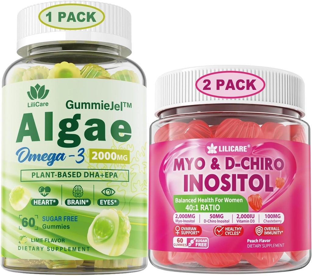 Bundle: Vegan Omega 3 Suplemento Gummies & Inositol Gummies Ideal 40:1 Ratio Myo & D-Chiro Inositol
