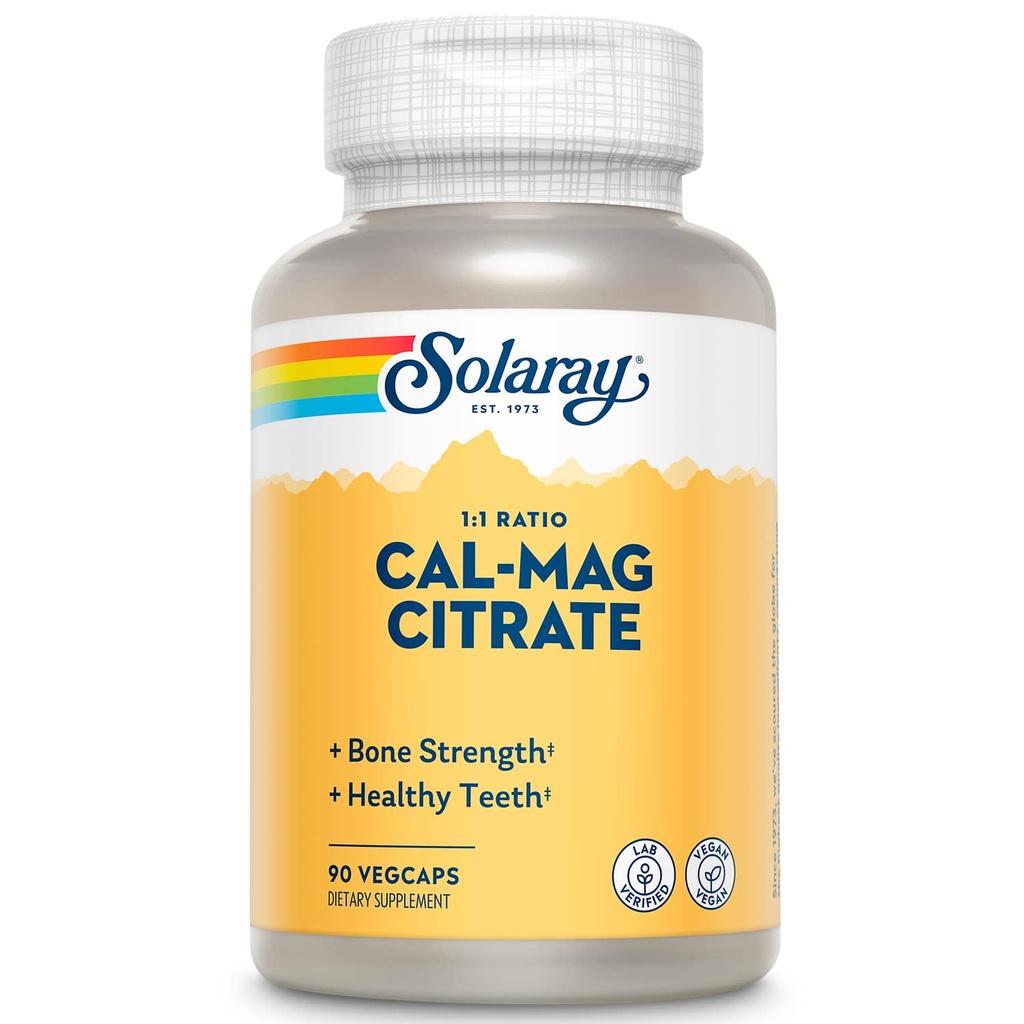 Solaray Calcium Magnesium Citrate 1000mg 1:1 Ratio, Bone Strength Suplemento, Muscle, Nervous System y Bone Health Support, Chelated for High Absorption, Gentle Digestion, 15 Servings, 90 VegCaps