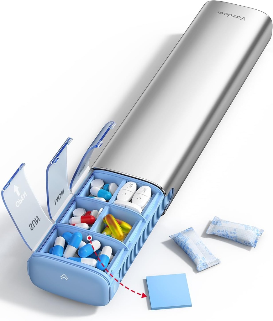 Vaydeer 7 días organizador semanal de píldoras (Apoyo 2 veces al día), caja de la pila de metales, gran capacidad Caja de píldoras diarias para suplementos, pastillas, vitaminas y medicamentos (Sliver)