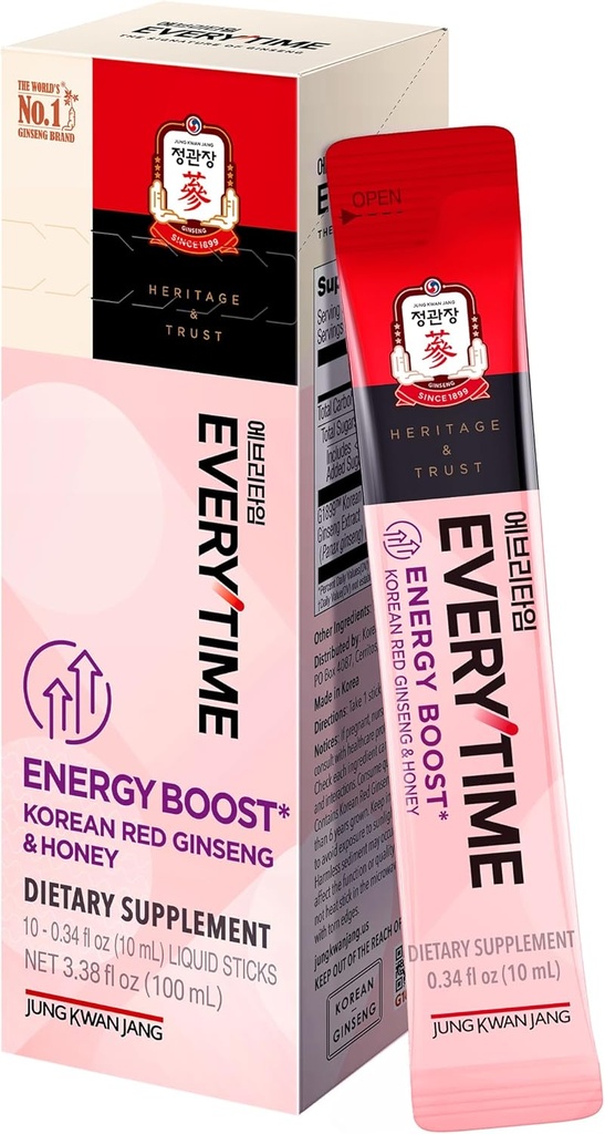 Cada vez Energía Boost Coreano Red Ginseng Extracto 1000mg & Honey - Vegan Ginseng Energy Bebida Suplementos Liquid Stick - Construye resistencia e inmunidad sin cafeína (10 Sticks, 0.34 fl oz)