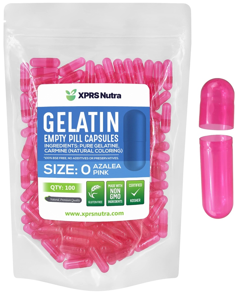 XPRS Nutra Tamaño 0 Empty Capsules - 100 Conde Empty Gelatin Capsules - Pills for DIY Capsule Filling - Pure Bovine Pill Gel Caps for Do-It-youself Suplementos (Azalea Pink)