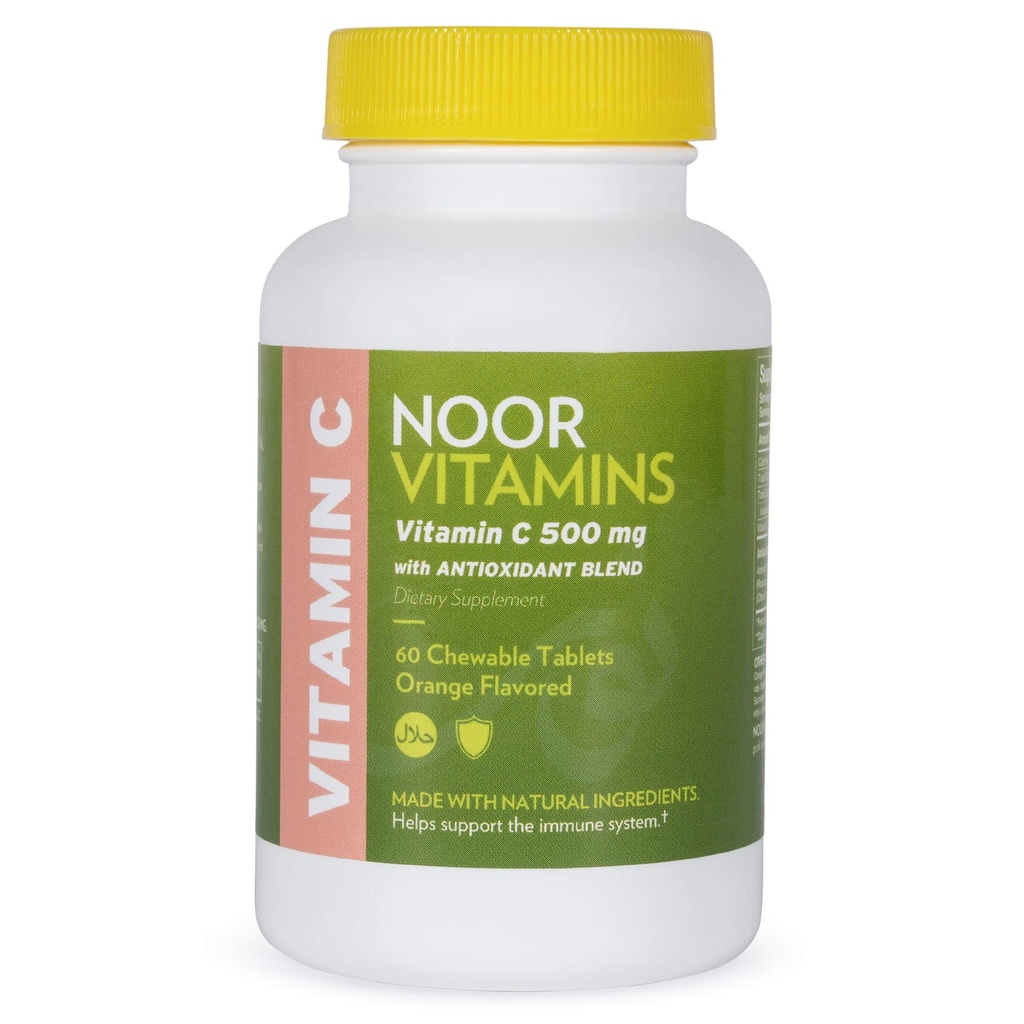 Vitaminas de Noor 500 MG Halal Vitamina C Tablas de Chewable + Rosa HIPS y Antioxidantes Apoyo Sistema I Vegan, Gluten libre &amp; Halal Vitamina 60 Tablas de Chewable Naranja I 2 Mes Fuente