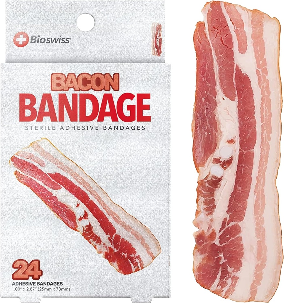 BioSwiss Kids Bandages, Bacon Shaped Self Adhesive Bandage Set, Latex Free, Sterile Wound Care, 24 Count