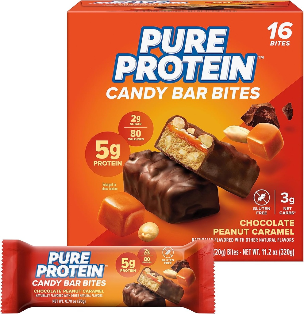 Puro Protein Candy Bar Bites, Chocolate Peanut Caramel, 5g Protein, Gluten Free, Low Sugar, 0.70 oz, 16 Pack (Paquete May Vary)