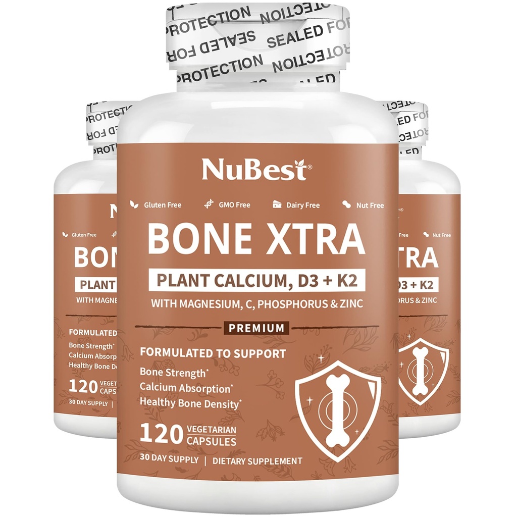 Bone Xtra - Vegan Bone Strength Formula for Stronger Bones, Calcio con base en plantas de Algas Marinas, Vitaminas D3, Vitamina K2, Magnesio, Fisforo &amp; Más para Adolescentes, Adultos - 3 Meses Suministro ← 3 Pack