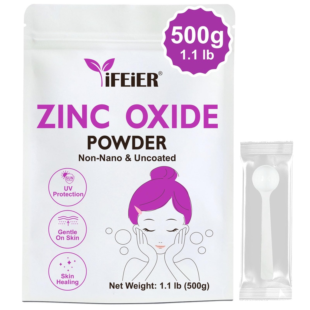 iFEiER Zinc Oxide Powder ← 500g(1.1 lb) 100% Pura No Nano Uncoted Zinc Oxide Powder para la Protección de la Esquí ← Cosmetics Grade Ideal para DIY Sunscreen, Lotion, Deodorant y Skincare