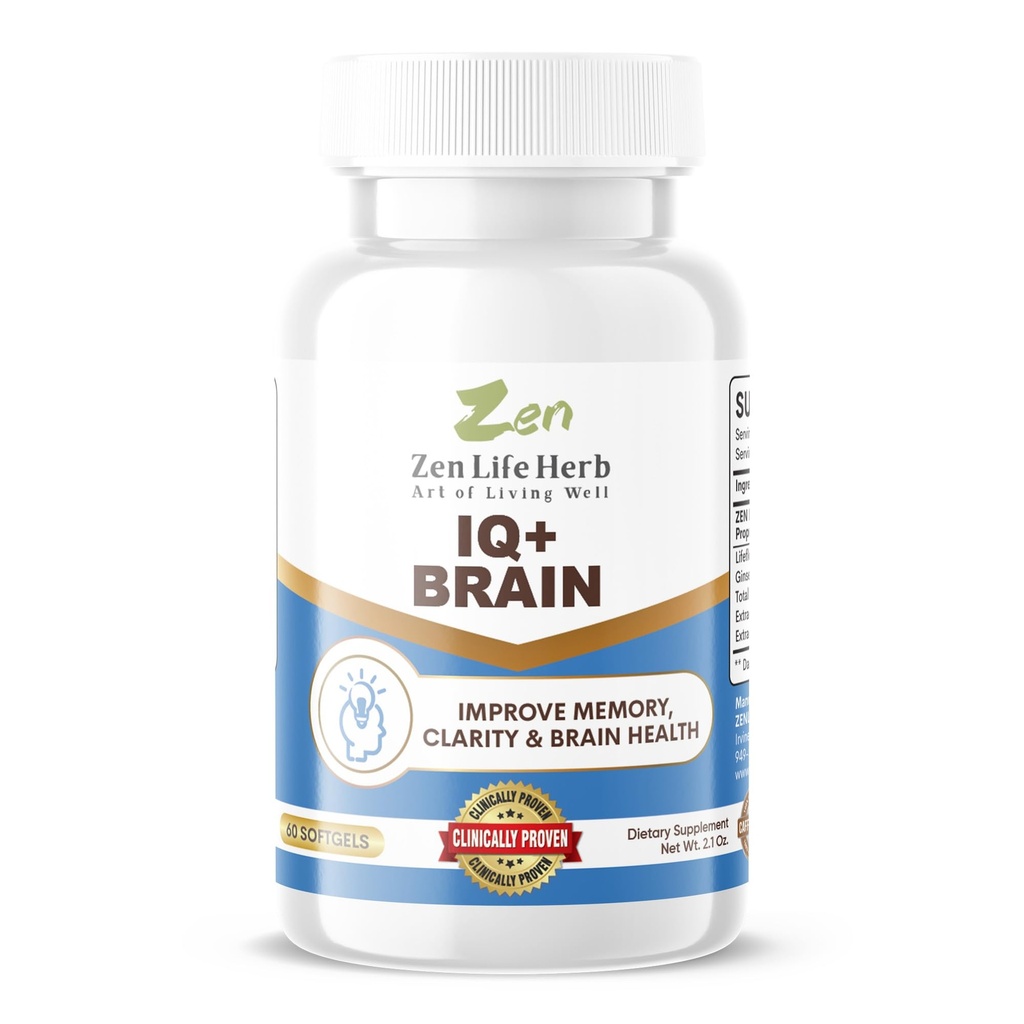 ZEN LIFE HERB IQ+ Cerebro - Caffeine-Free, Clinically Tested Focus, Concentration, Memory & Energy, Natural Plant-Based Herbal Suplemento, No Añadido Vitaminas/Minerales/Mushroom/Sugar (60 Softgels)