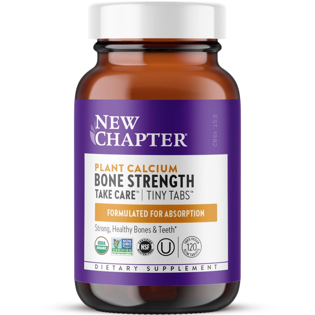 Nuevo capítulo Suplemento de calcio - Bone Strength Tiny Tabs Calcio orgánico con magnesio, vitamina D3+K2, 70+ Trace Minerals for Bone Health, Gluten Free, Easy to Swallow - 120 ct