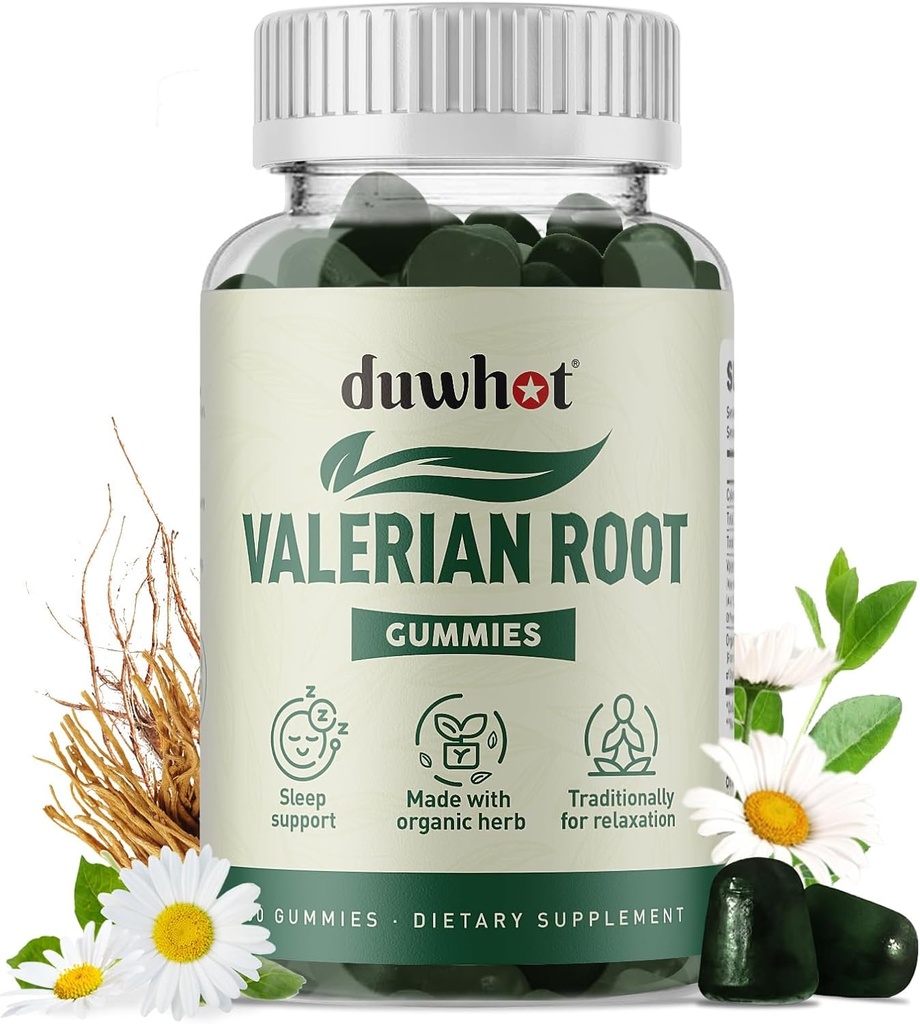 Valerian Root Gummy, Orgánica Valerian Root for Sleep & Stress Relief, Mejorada con flores de manzanilla para adultos, Niños bienvenidos, Apple Flavor, 60 Condes