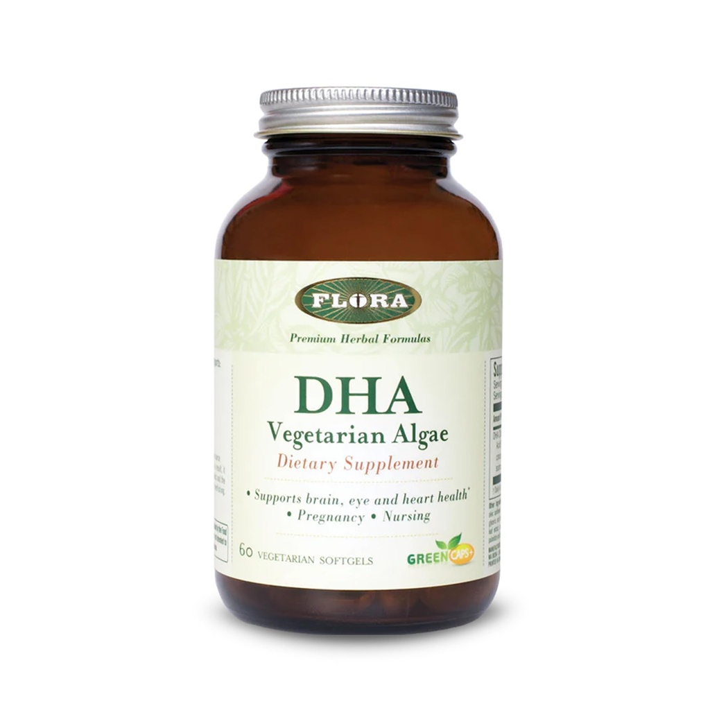 Flora - DHA Vegetarian Algae GreenCaps Plus - Brain & Heart Health - Ayudas salud general durante el embarazo - Para el cerebro y el sistema nervioso - Proporciona Omega-3 - Vegan &amp; Sustainable - 60 Vegetarian Softgels