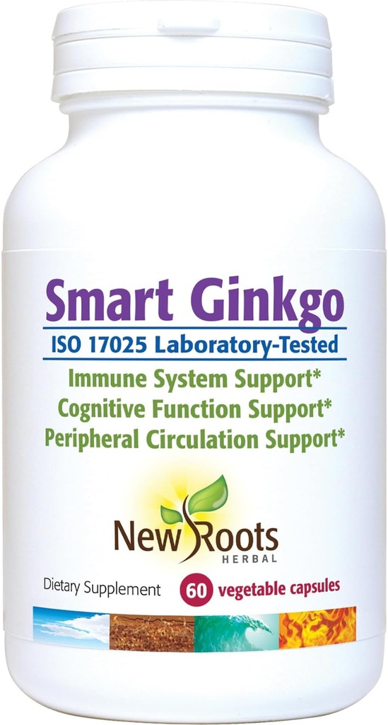Nuevos ROOTS HERBAL Smart Ginkgo Suplemento, 60 cápsulas vegetales, Immune System &amp; Cognitive Support