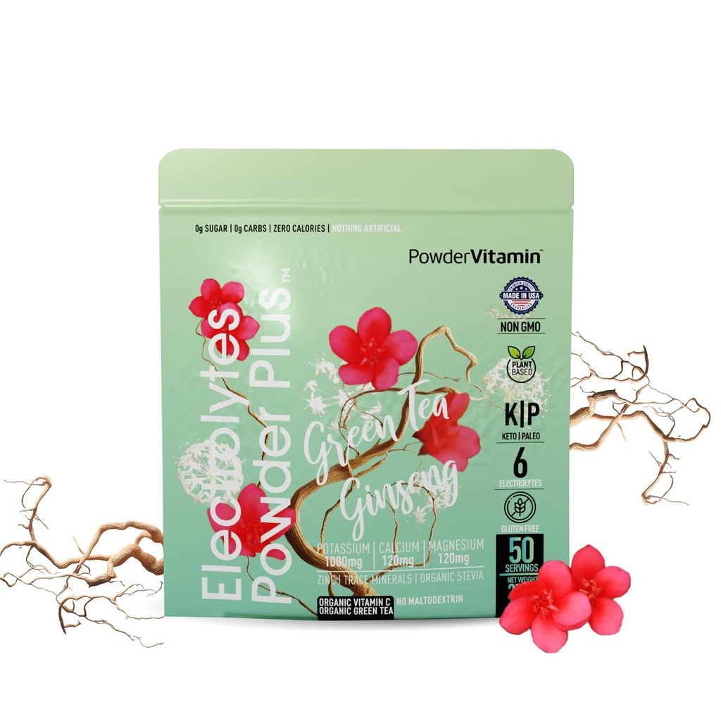 PowderVitamin Electrolytes Powder Plus (50 Servings) Green Tea Ginseng Electrolyte Powder Keto, Sugar Free, Pink Himalayan Salt,1000mg Potasio, 120mg Calcio,120mg Magnesio, Hidration Powder