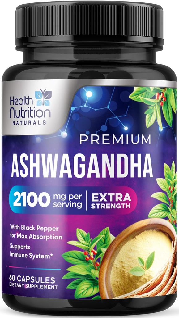 Suplementos de Ashwagandha - 2100mg Cápsula de Ashwagandha para Hombres de Mujeres, Apoyo Antioxidante Natural, Extracto de Ashwa Root, Apoyo a la calma de fuerza extra con Pepper Negro, Vegan &amp; Gluten Gratis - 60 Cápsulas