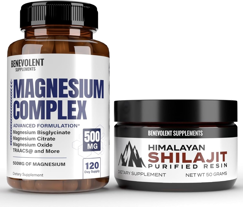 Complejo de magnesio con 5 mejores formas & Himalayan Shilajit Resin - 4 Month Supply of 500mg Magnesium Glycinate, Oxide, Taurate, Chelate, Magnesium Citrate - 85+ Trace Minerals for Energy