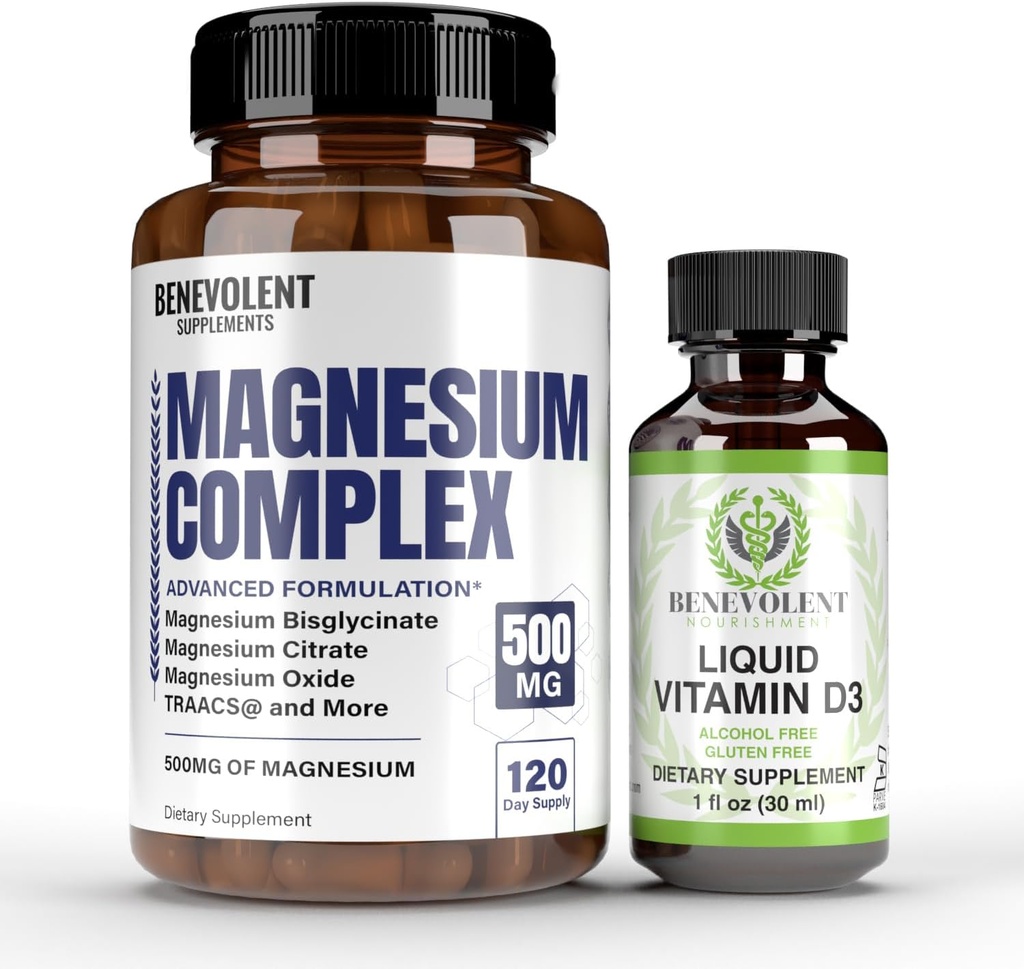 Complejo de Magnesio con 5 mejores formas " Vitamina Líquida D3 5000 UI Bundle - 4 meses de suministro de 500 mg Magnesium Glycinate, Oxide, Taurate, Chelate, Magnesium Citrate - Sleep & Immune Support