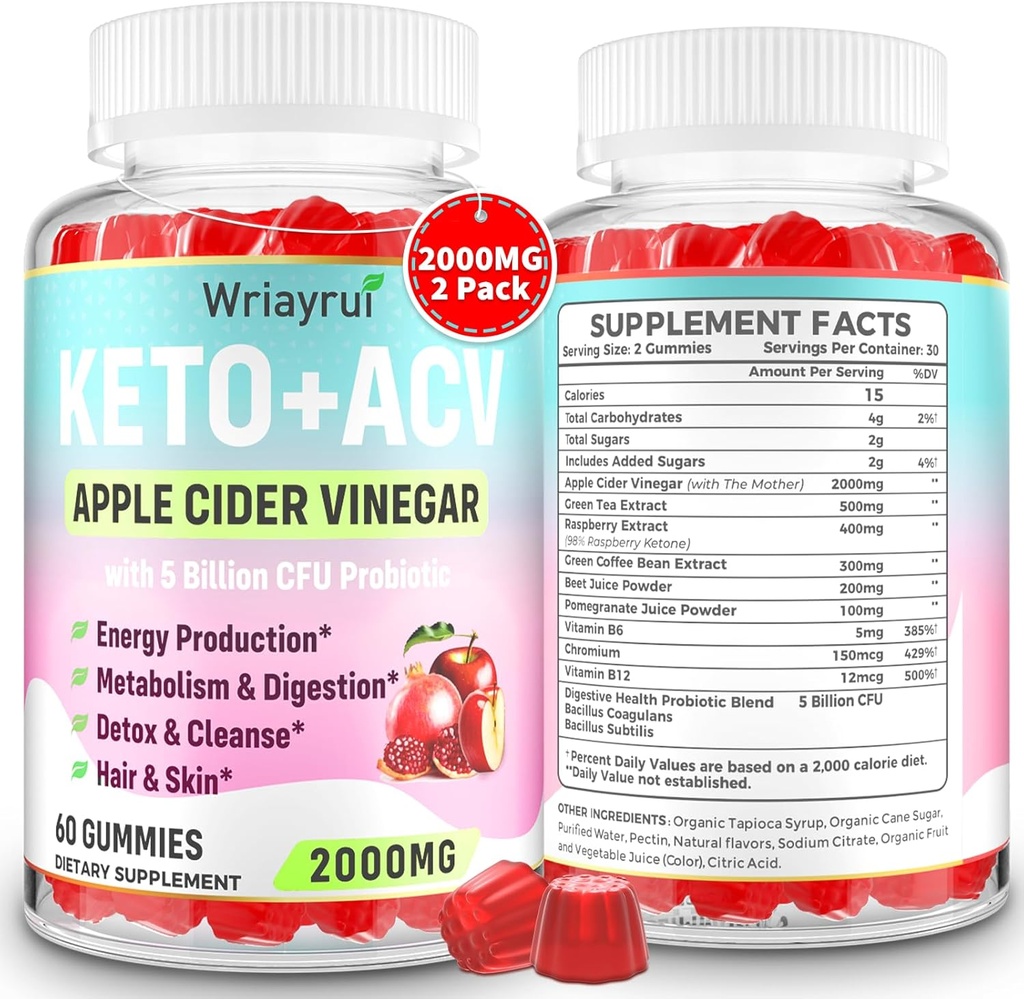 Keto ACV Gummies with Probiotics & Vitamin B12, 2000mg Apple Cider Vinegar Gummies with Mother, for Metabolism, Digestion, Detox &amp; Cleanse, Sugar Free, Vegan-Friendly, 120 Gummies