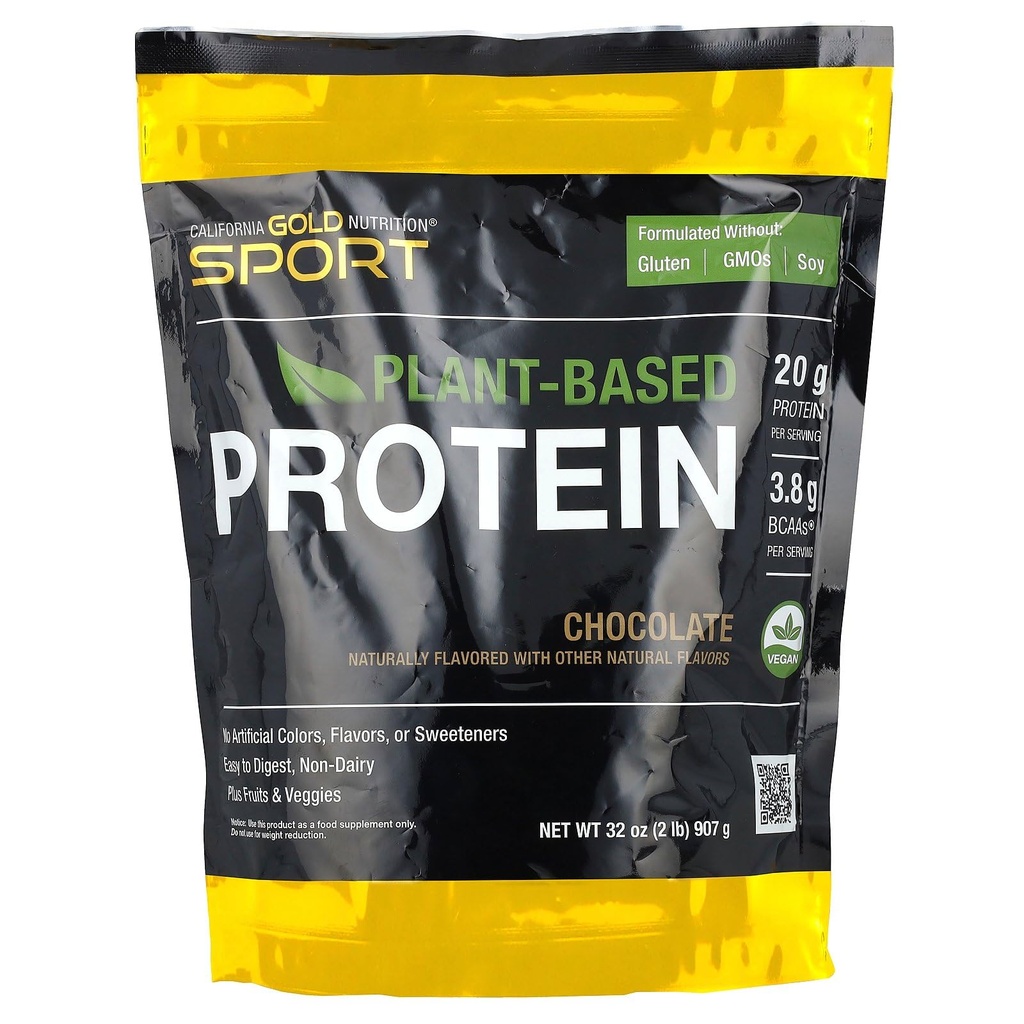 California Gold Nutrition Sport, Proteína basada en plantas con concentración de proteínas de arroz marrón orgánico, Flaxseed, Chia Seed, Chocolate, 2 lb (907 g)