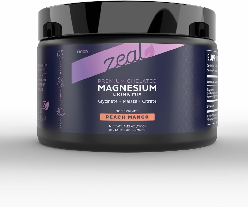 Premium Chelated Peach Mango Magnesium Glycinate, Malate, Citrate Triple Complejo de Magnesio Blend (Drink Mix (30 Serv.)