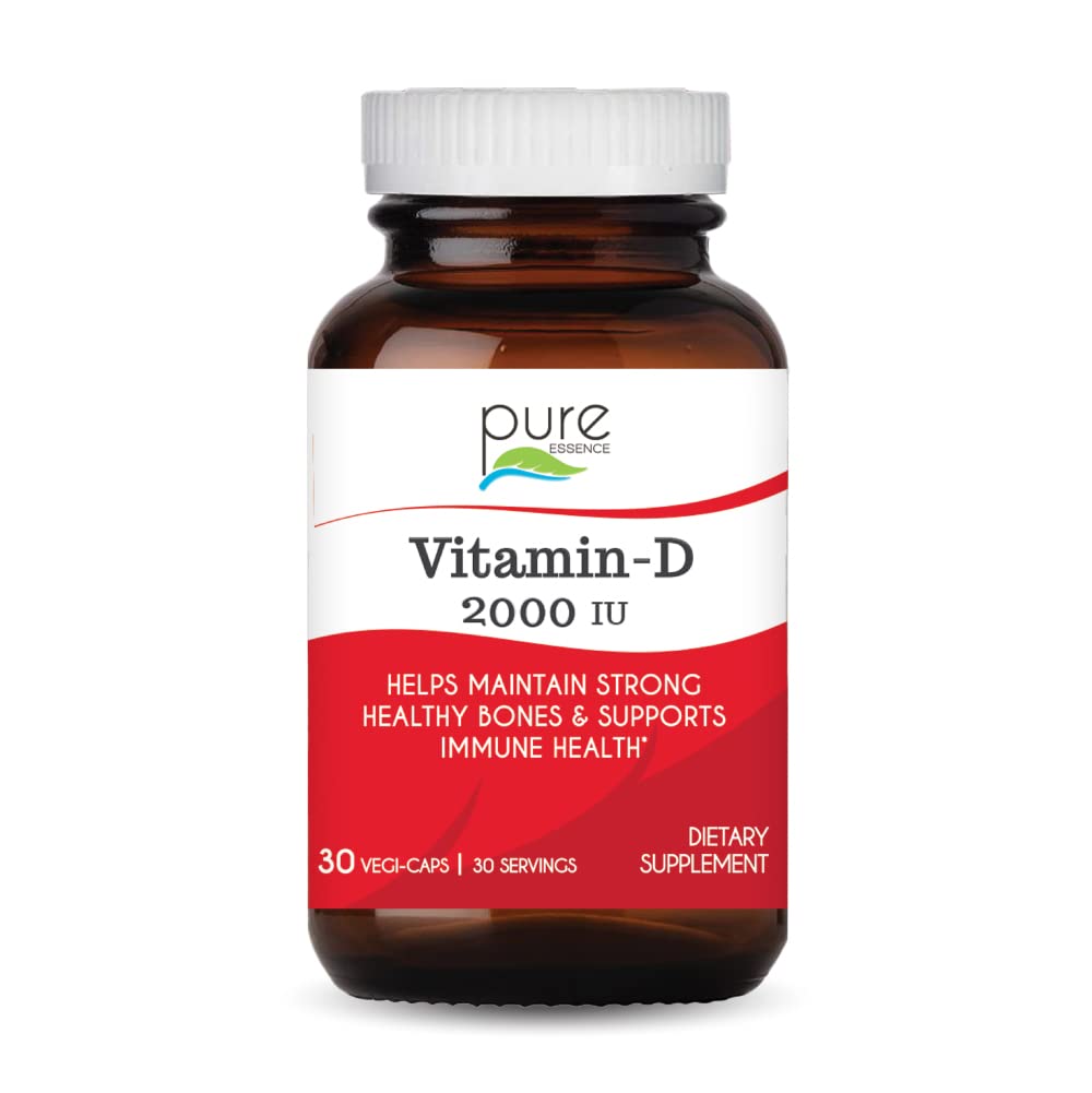 PURE ESSENCE LABS Vitamina D 2000 UI - Mejor Apoyo Inmunitario para Adultos - Vitaminas Orgánicas y Naturales - Booster Inmunitario y Suplementos Dietarios (30 cápsulas)