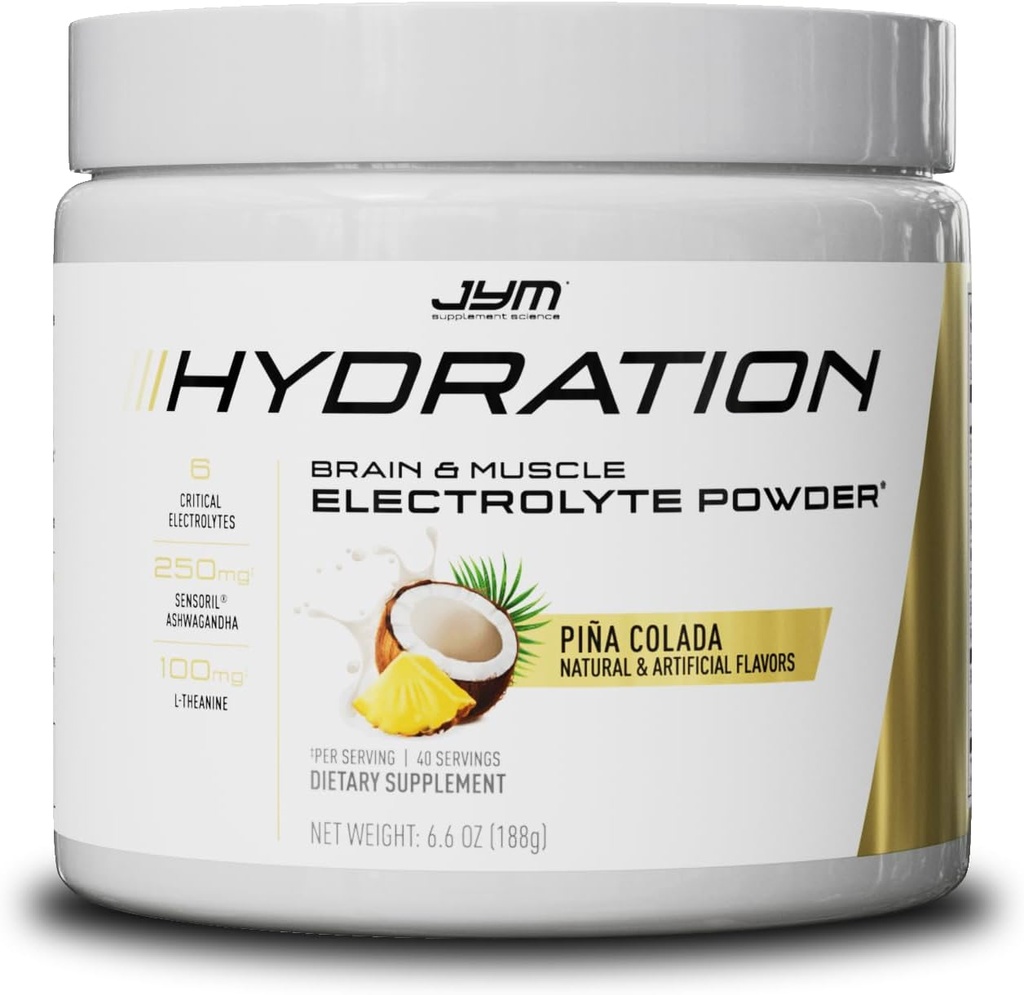 JYM Hydration Pina Colada Powder, Performance Electrolytes, Potassium, Sodium, Magnesium, for Men &amp; Women, Theanine, Ashwaghanda, Theanine, 40 Servings