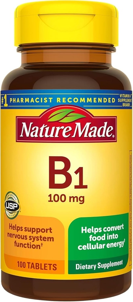 Nature Made Vitamina B1 100mg, Suplemento dietético para el apoyo al metabolismo energético, 100 Tabletas, 100 Day Supply.