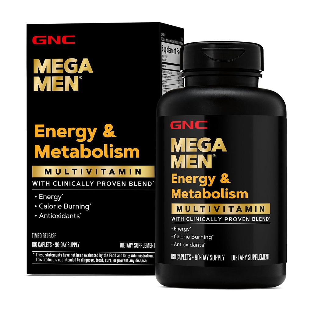 GNC Mega Men Energy &amp; Metabolism Multivitamin Caplets, clínicamente probado para sentirse mejor, Calorie Burn, Focus, 100mg Caffeine, Thermogenic, Immune, B Vitaminas, Timed Release, 180 Cuenta, 90 Day Supply