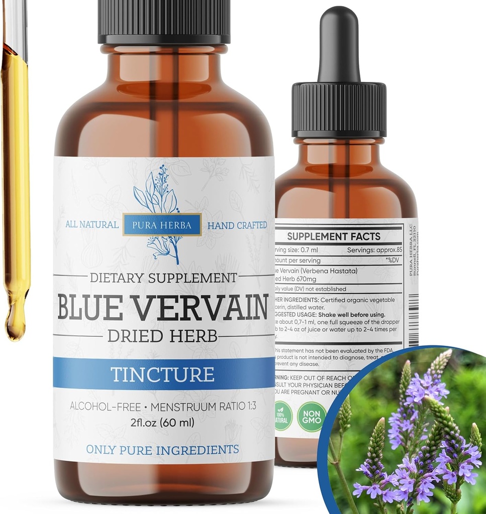 Herb de Vervaina Azul Orgánica, Vervaina Azul Tintura, Alcohol Gratis, Vegan - 2 Fl Oz