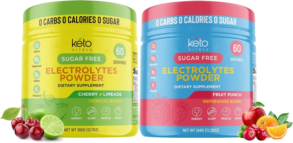 Keto Vitals Cherry Limeade Bundle with Fruit Punch - 2 Pack Bundle Keto Electrolytes Powder - Keto-Friendly Electrolytes con Potasio, Magnesio, Sodium, Calcium - Cherry Limeade & Fruit Punch