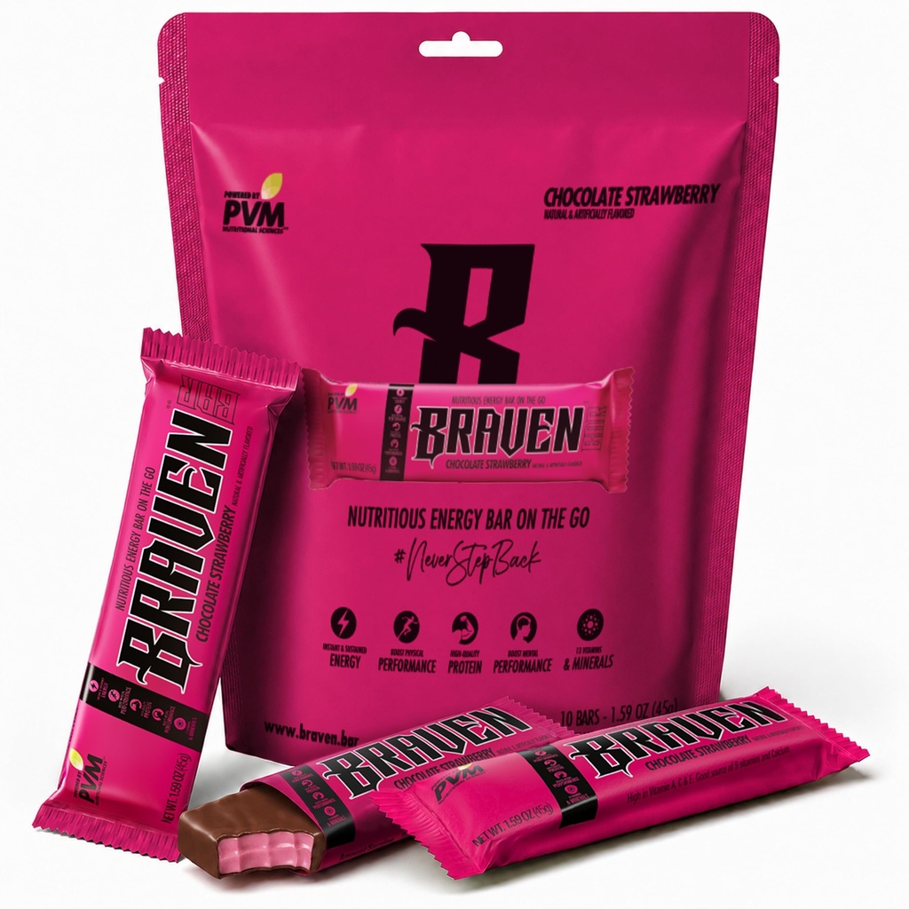 Bar Braven Bar Chocolate Strawberry Energy Bars (1.59 oz, Pack of 10) – Energy Chews with 5g Protein – On-the-Go Energy Snacks for Running, Hiking, and Sports - Gluten Free Snacks for Sustained Energy Boost