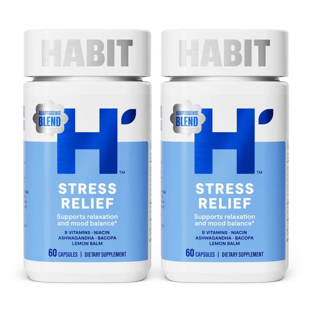 Habit Stress Relief Supplement 2 Pack (120 Capsules) - New Look, Supports Relaxation & Mood Balance, Vitamina B, Adaptogens, Lemon Balm, Calming, Vegan, Non-GMO