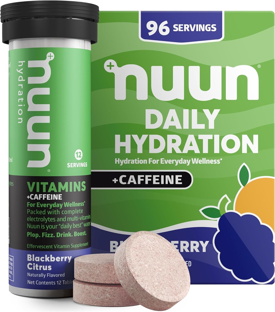 Nuun Vitaminas + Caffeine Electrolyte Tablets with Vitamin D, C, E, A, " B6, Folic Acid, Magnesium " , Gluten Free " Vegan, Blackberry Citrus, 8 Pack (96 Servings Total)