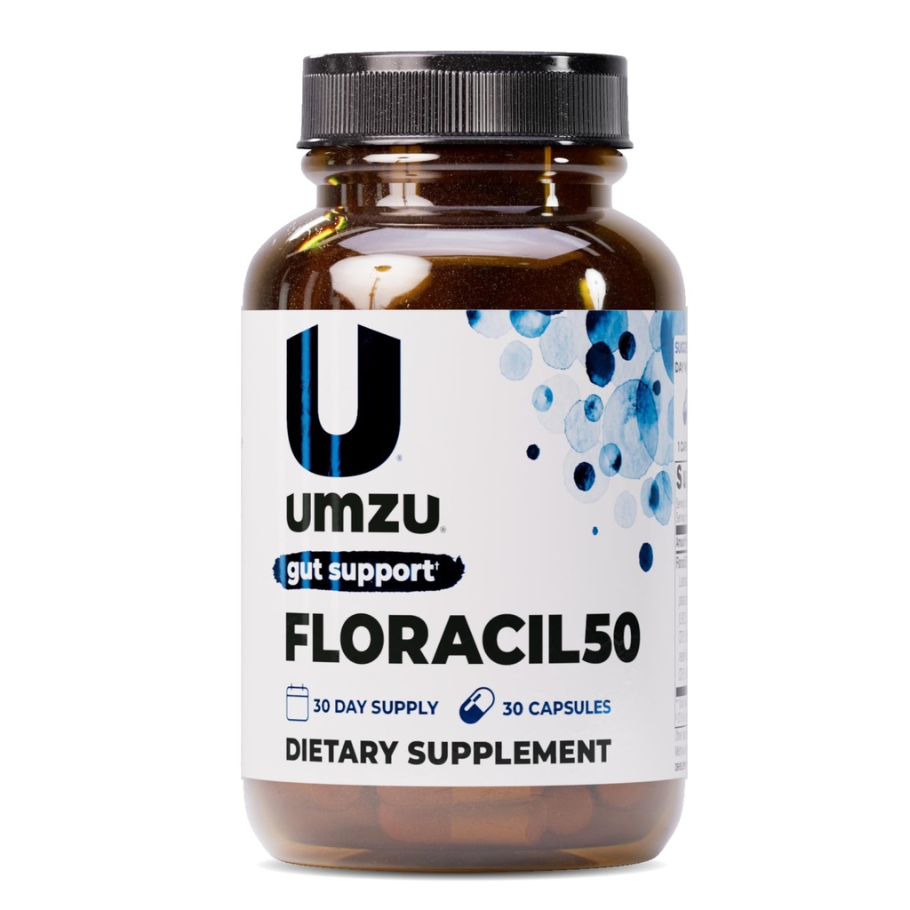 UMZU Floracil50 Prebióticos y Probióticos para Mujeres + Hombres, 50 Billones CFU para la Digestión, Gut Health, Acidophilus, Rhamnousus, Immunity, Energy (30 cápsulas)