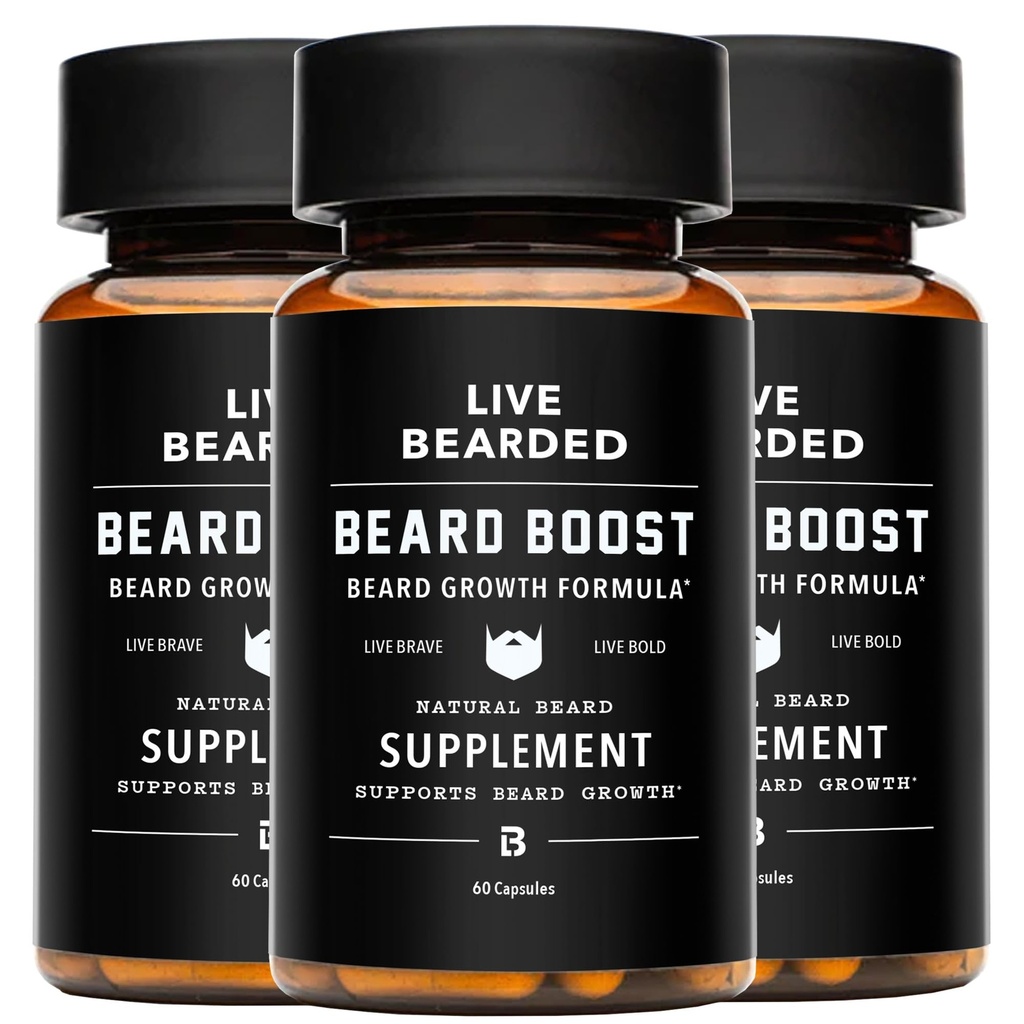 Boost de barba en vivo - Crecimiento de barba Vitaminas para hombres con biotina, colagen, silica, raíz de chorro de espuma - Crecimiento facial del cabello para hombres, hecho en los EE.UU.
