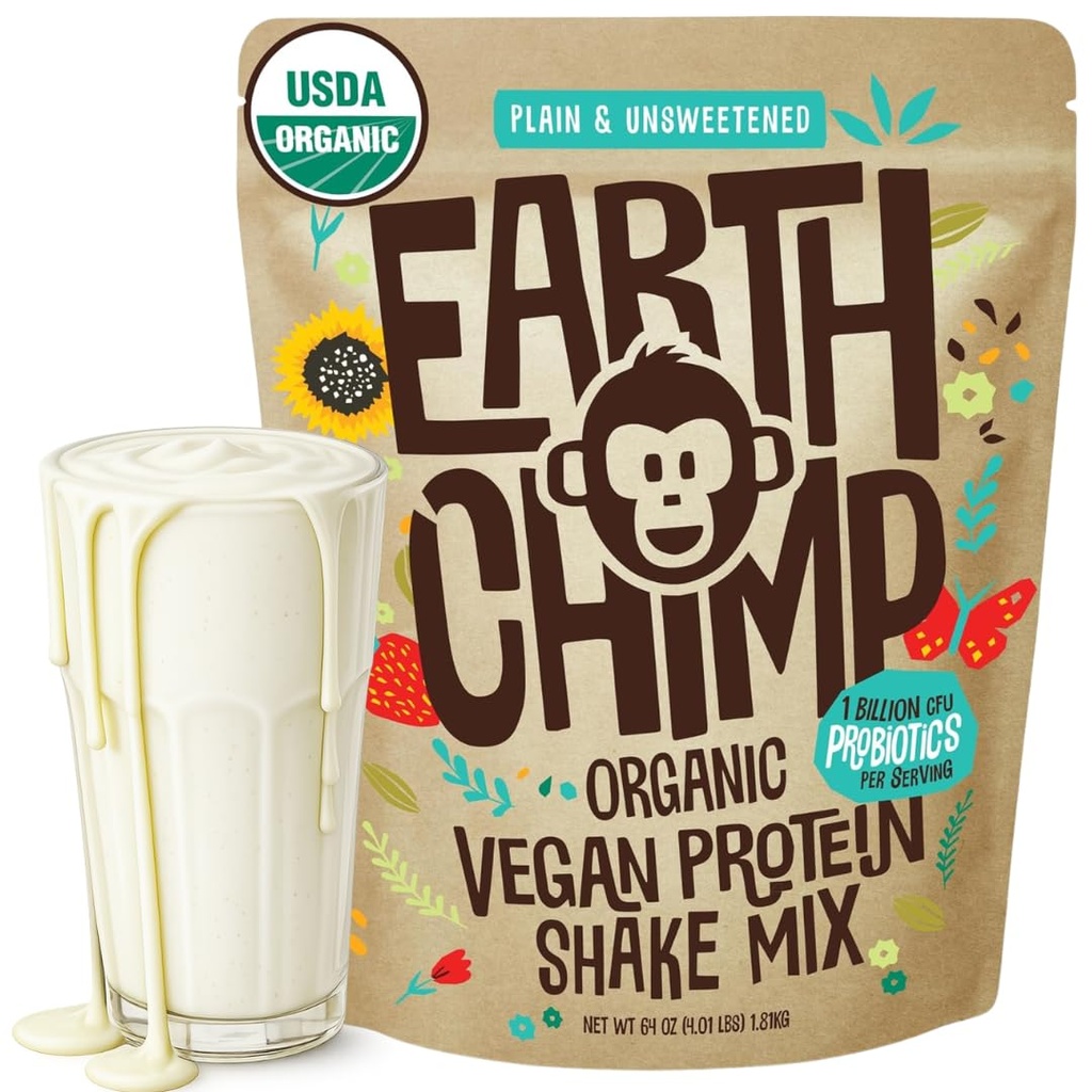 EarthChimp Organic Vegan Protein Powder - with Probiotics - Non GMO, Dairy Free, Non Whey, Plant Based Protein Powder for Women and Men, Gluten Free - 52 Servings, 64 Oz (Plain " Unsweetened)