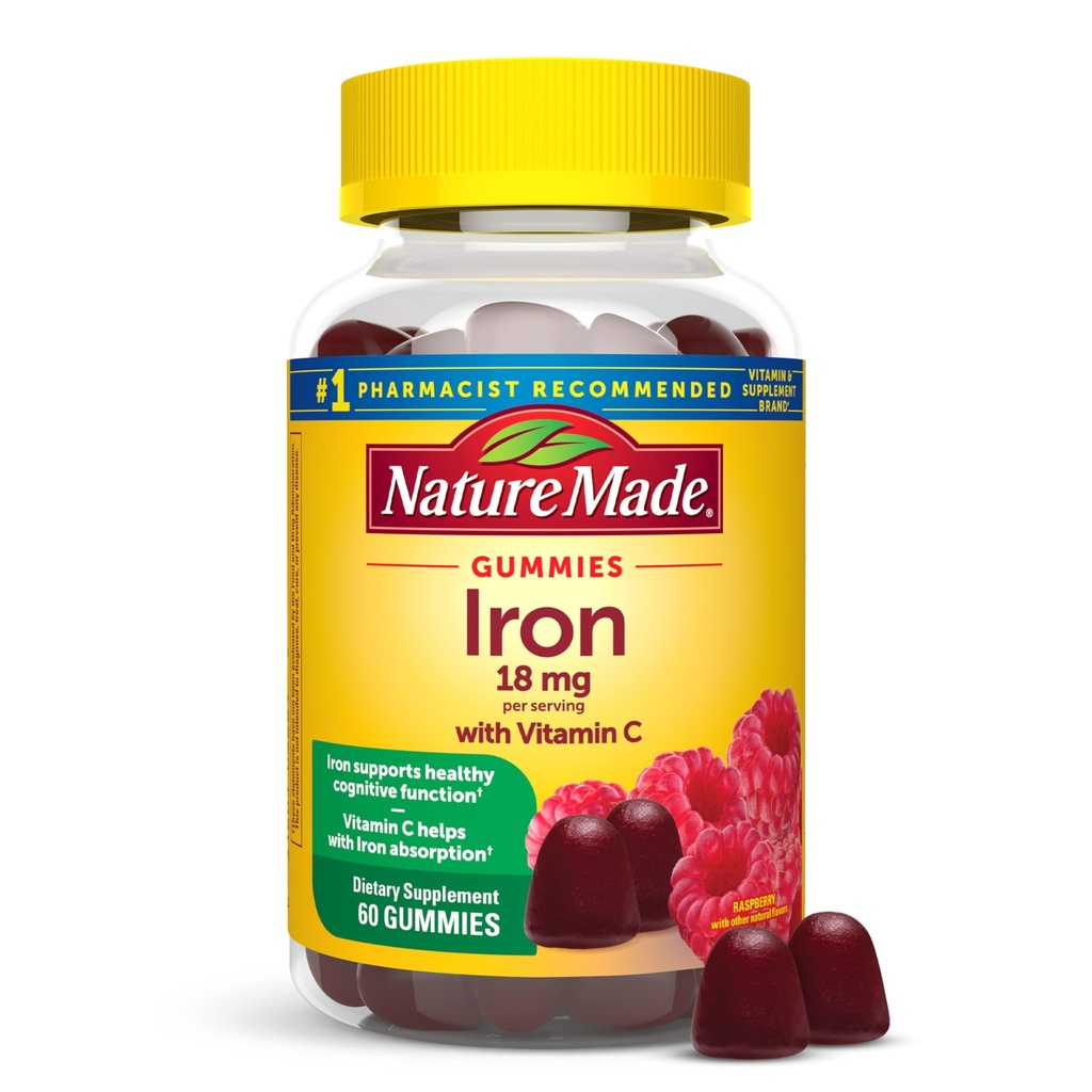 Nature Made Iron 18 mg por porción con vitamina C, Suplemento dietético para el apoyo a las células rojas de sangre, 60 Gummies, 30 Day Supply