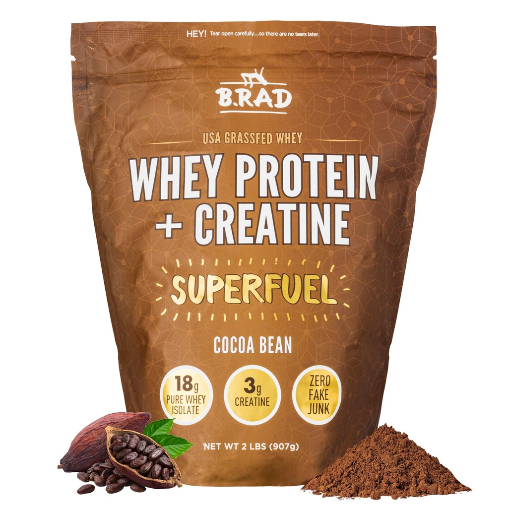 B.rad Superfuel - Grass Fed Whey Protein Isolate Boosted with Creatine ← Farm-Fresh, Easy-to-Digest, Clean Ingredients ← 2 Libras Silencio 100% USA Fuente ← Cocoa Bean (Chocolate)