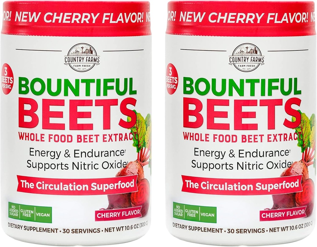 COUNTRY FARMS Bountiful Beets Powder, Wholefood Beet Extract Superfood, Natural Nitric Oxide Booster, Ayuda a apoyar la circulación saludable y promover la energía, bomba natural, Cherry Flavor, 60 Servings