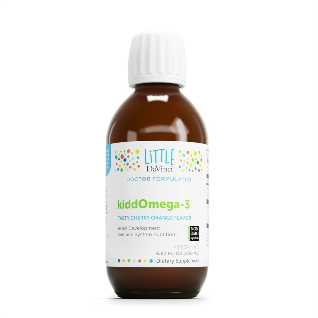 DAVINCI Labs kiddOmega-3 - Liquid Omega-3 Suplemento para niños - para el sistema inmunológico, Focus y Brain Support* - con Monk Fruit, DHA, EPA y Más - Cherry Orange Flavor - 200mL