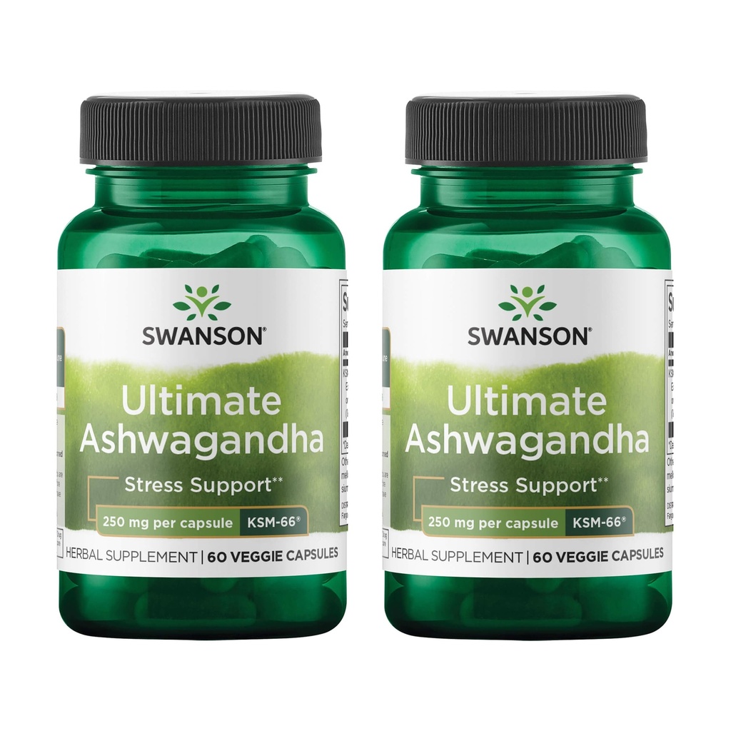 Swanson Ultimate Ashwagandha KSM-66 - Suplemento herbal Apoyo a los niveles de estrés saludable " Relajación - Fórmula natural para promover una mentalidad calmada " - (60 cápsulas vegetarianas, 250 mg cada uno) (2 paquete)