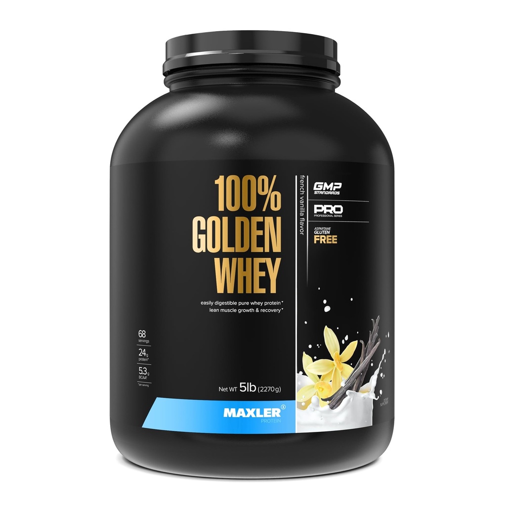 Maxler 100% Golden Whey Protein - 24g de Proteína por Servir - Premium Whey Protein Powder para Pre Post Workout - Fast-Absorbing Whey Concentrate Isolate Hydrolysate Blend - French Vanilla Protein 5lb