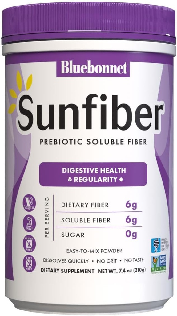 BlueBonnet Nutrition Sunfiber – 6 g de fibra soluble prebiótica basada en plantas – Asistencia Digestive Health* - Instant Dissolve – Non-GMO, Vegan, Kosher, Low-FODMAP – Unflavored, 7.4 OZ, 30 Servings