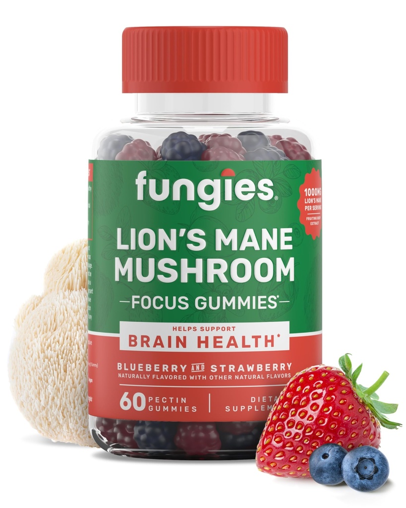 Fungies Mane Mushroom de Lion Gummies, Blueberry mixed & Strawberry Flavor - Mushroom Supplement Gummy for Adults & Children Supports Brain Health, Cognitive Function, Focus, Memory & Mood, 60 Servings