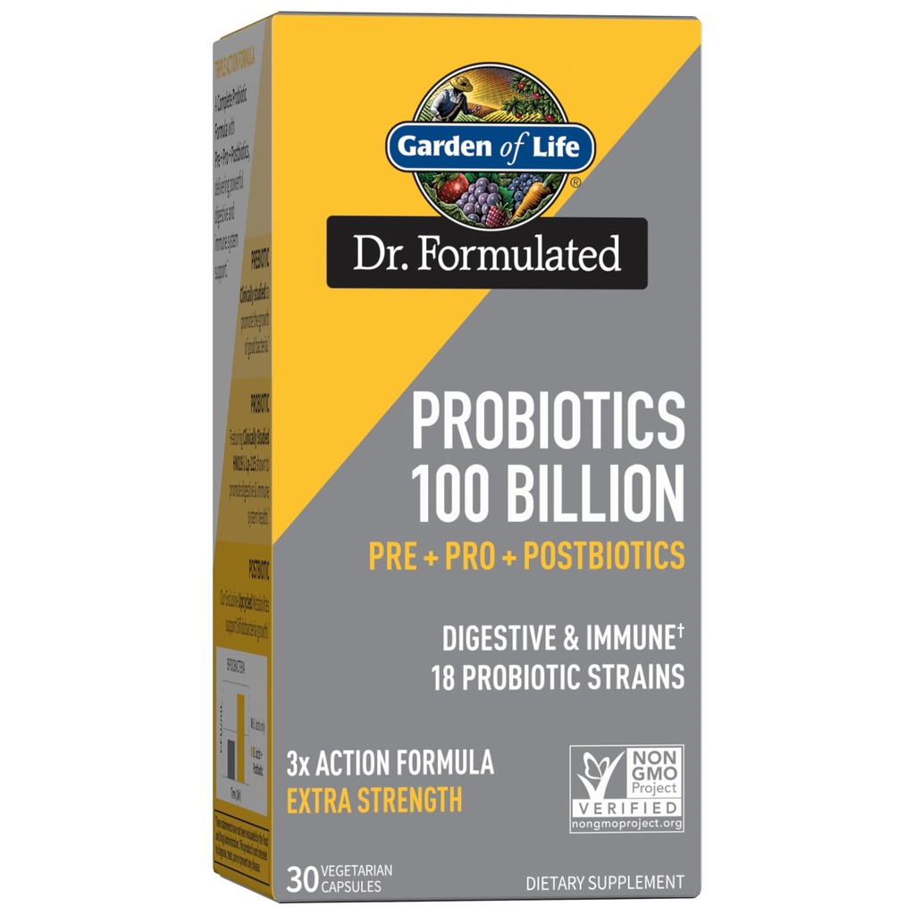 Garden of Life Dr Formulated Probiotics 100 Billion CFU Pre + Pro + Postbiotics - Extra Strength Digestive & Immune Support for Men and Women, Potato, Acacia, Postbiotic Metabolites, 30 Capsules