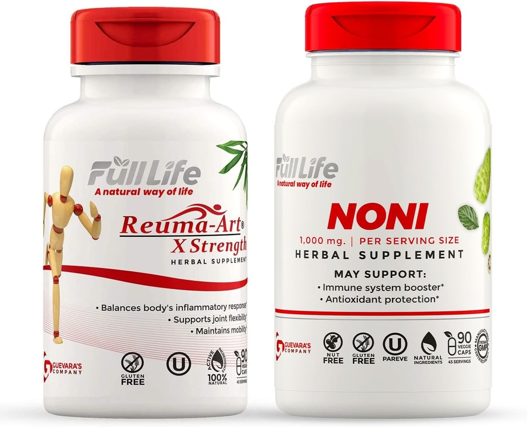 Full Life Reuma-Art X Strength and Noni Capsules - Suplemento Herbal - Extracto de frutas de Noni orgánico - Kosher, libre de gluten - 90 cápsulas de verduras